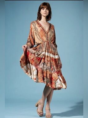 Red Rocks V-Neck Tiered Rayon Tie Dye Midi Dress in Rust Multi